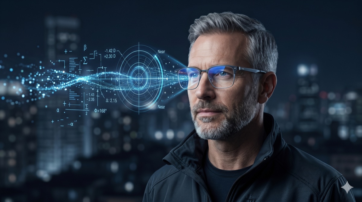 Óculos com lentes progressivas e elementos tecnológicos